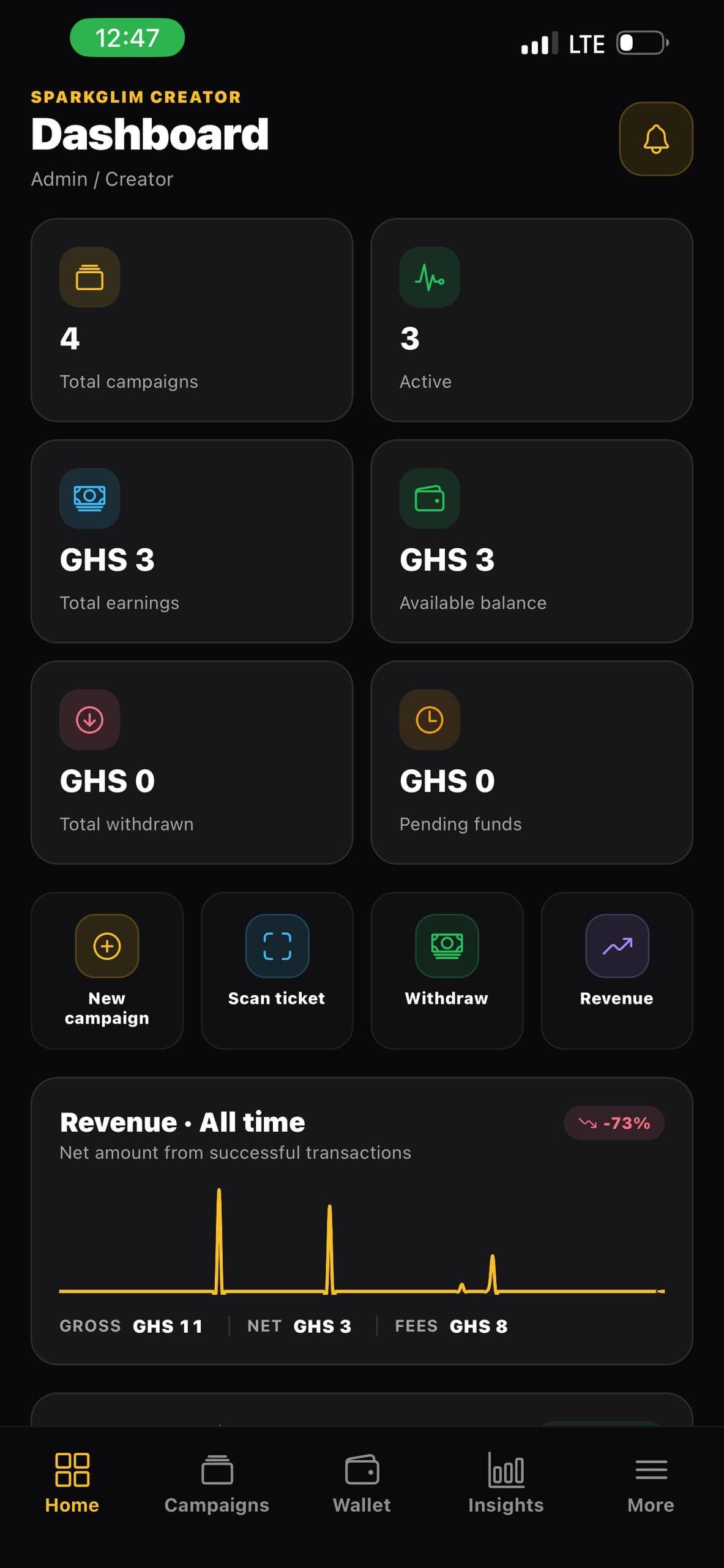 SparkGlim creator mobile app dashboard screenshot