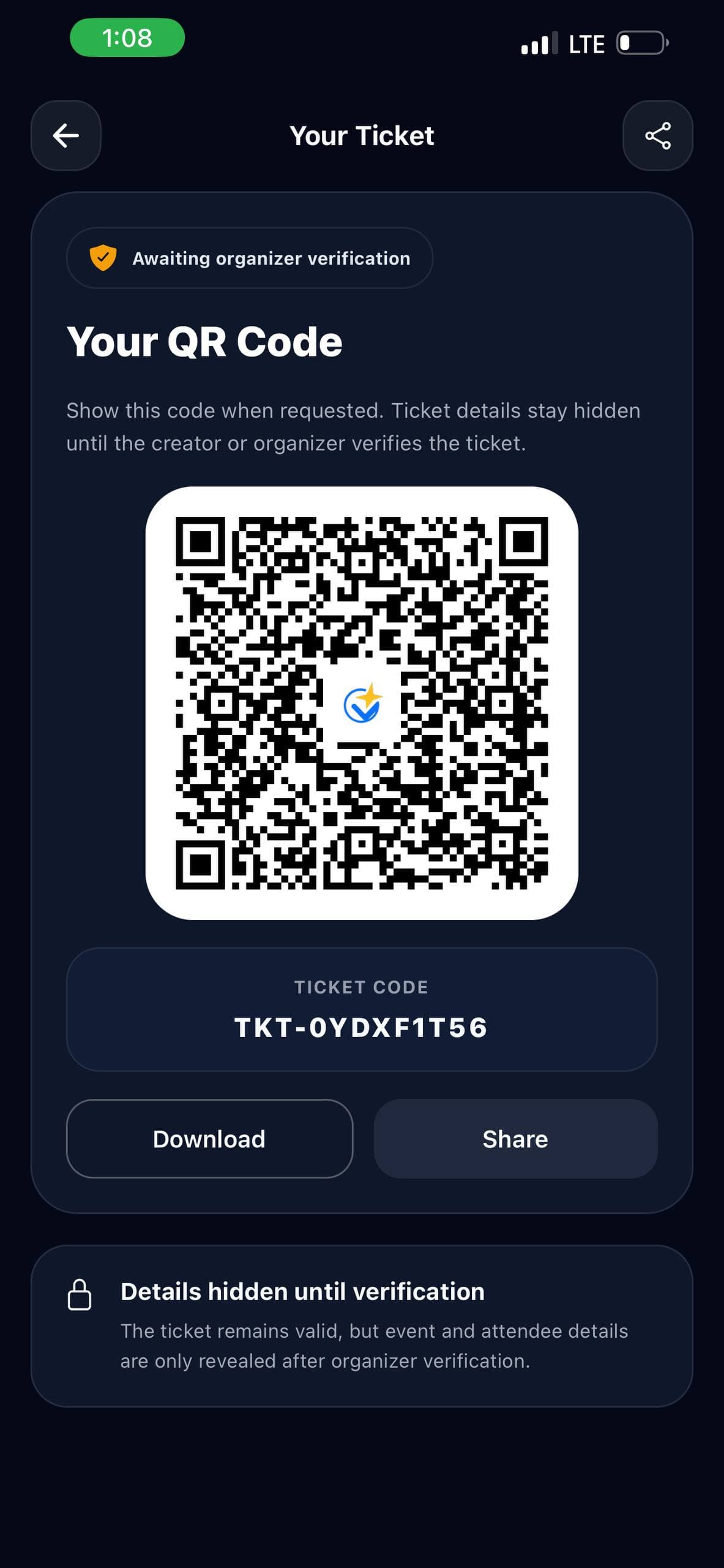 SparkGlim user app Ticket QR code view screenshot