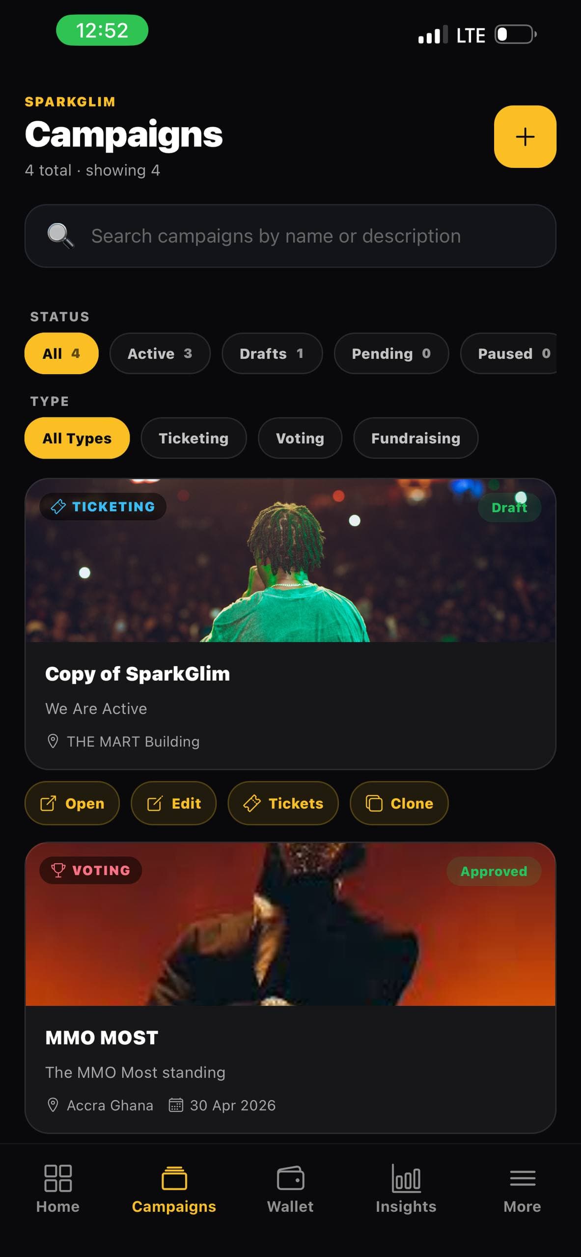 SparkGlim Creator app Campaign management screenshot