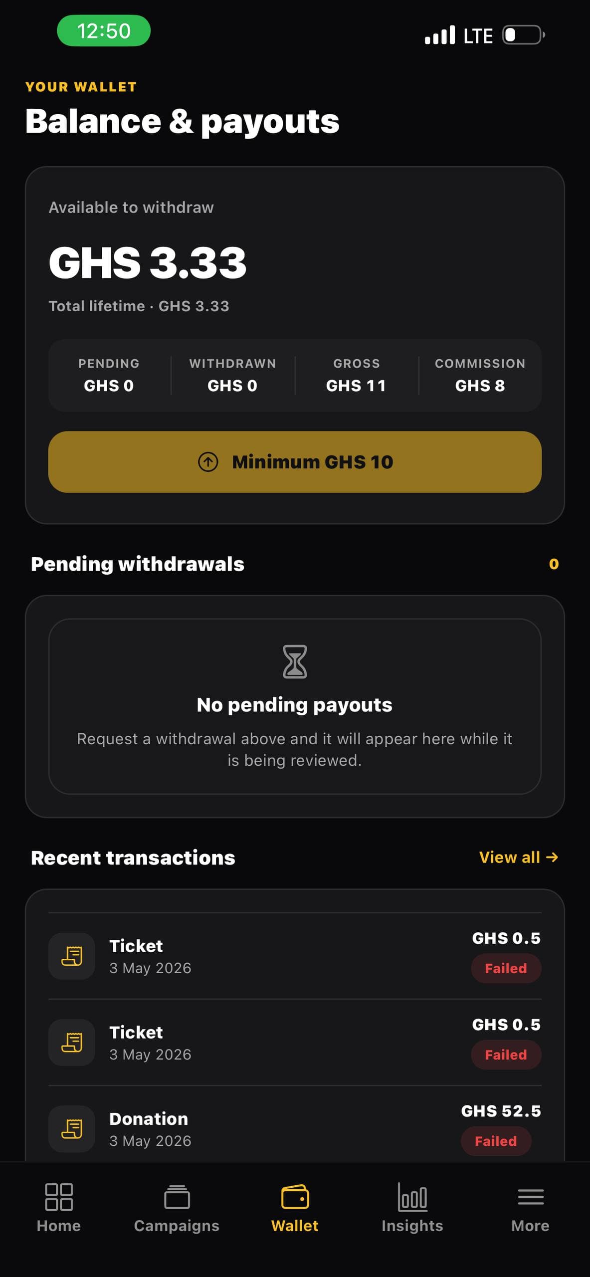 SparkGlim Creator app Wallet and payouts screenshot