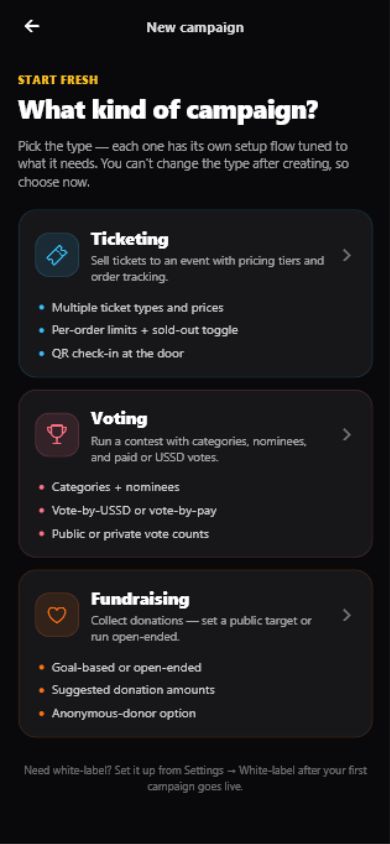 Interface Creator com configuração de bilhetes, votação e angariação