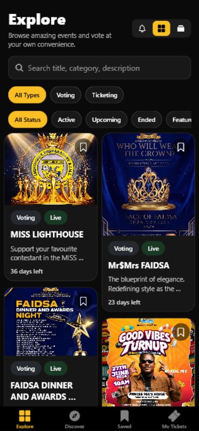 Pantalla real Explorar de SparkGlim Audience con búsqueda y filtros de campañas